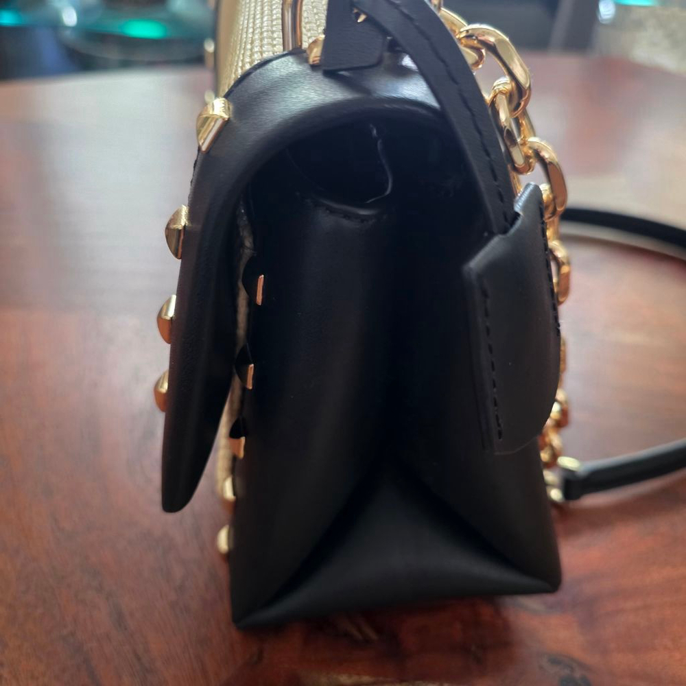 Michael Kors Studded Straw & Leather Crossbody Bag Tan/Black One Size - Picture 12 of 15